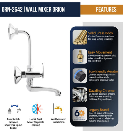 Orion Wall Mixer with L-Bend Pipe (Full Brass) - by Kamal - Kamal Bathware