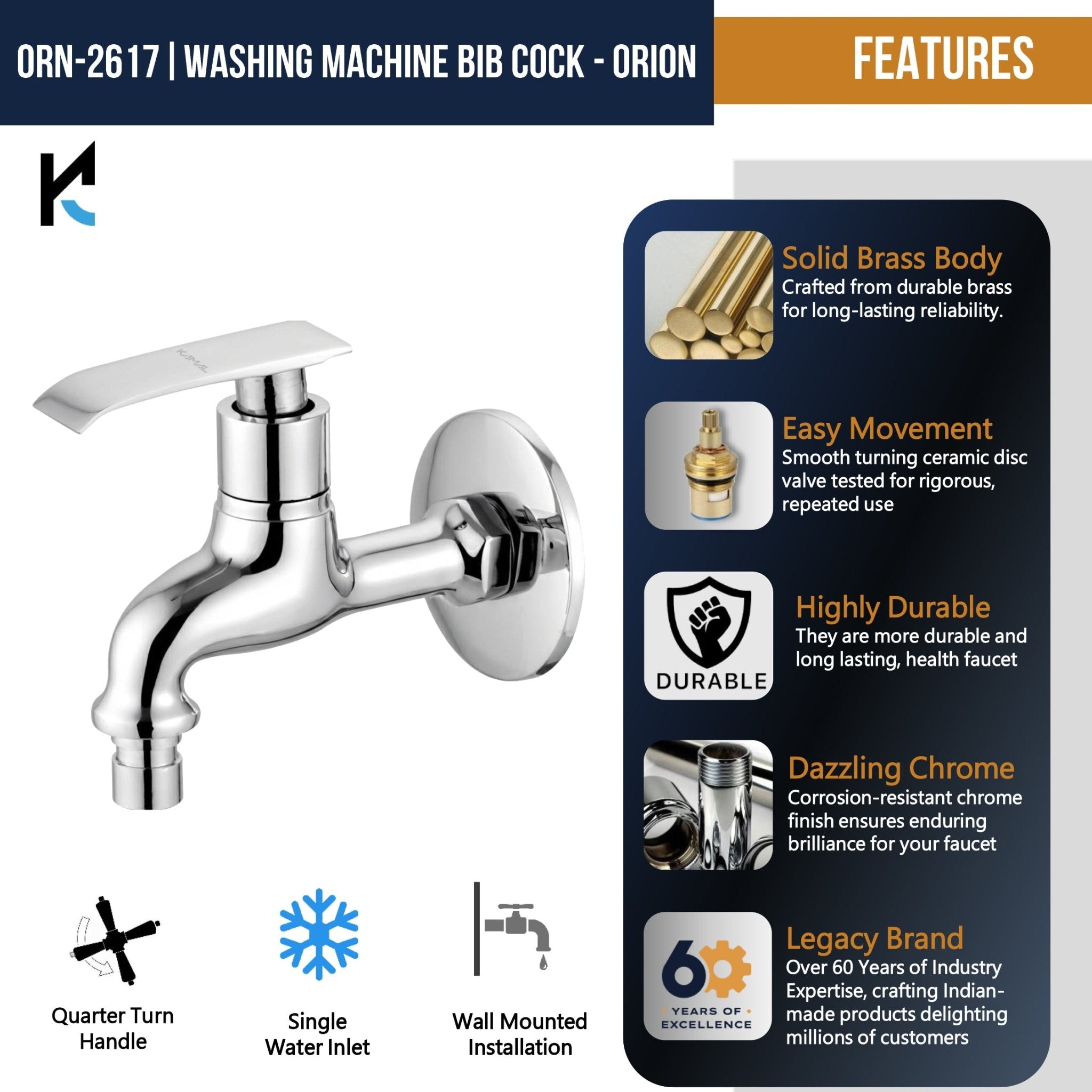Orion Washing Machine Bib Tap (Full Brass) - by Kamal - Orion - Kamal Bathware