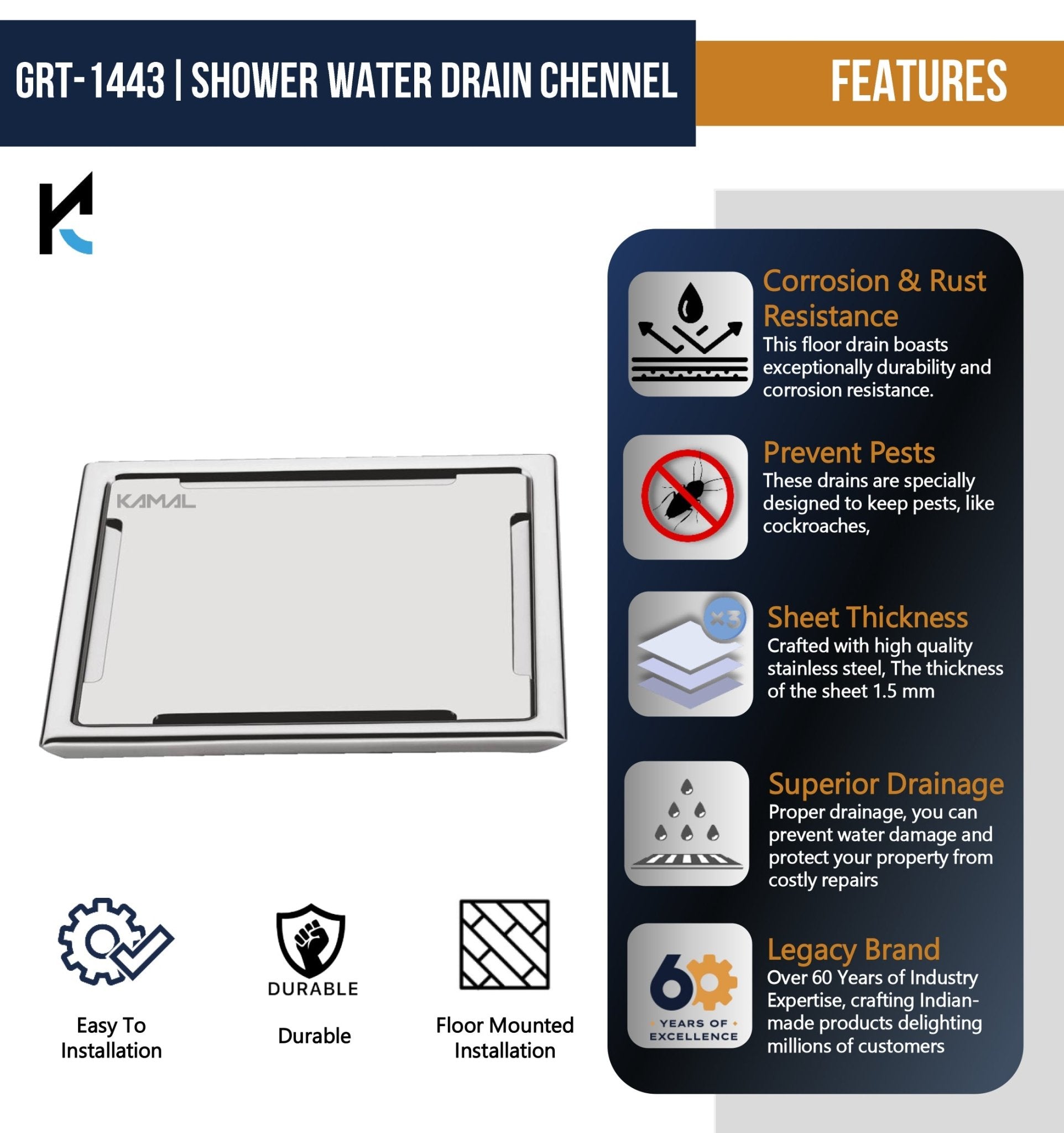 Premium Square Shower Water Drain Channel (SS 304 Grade) - by Kamal - Square - Kamal Bathware