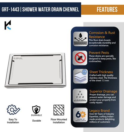 Premium Square Shower Water Drain Channel (SS 304 Grade) - by Kamal - Square - Kamal Bathware