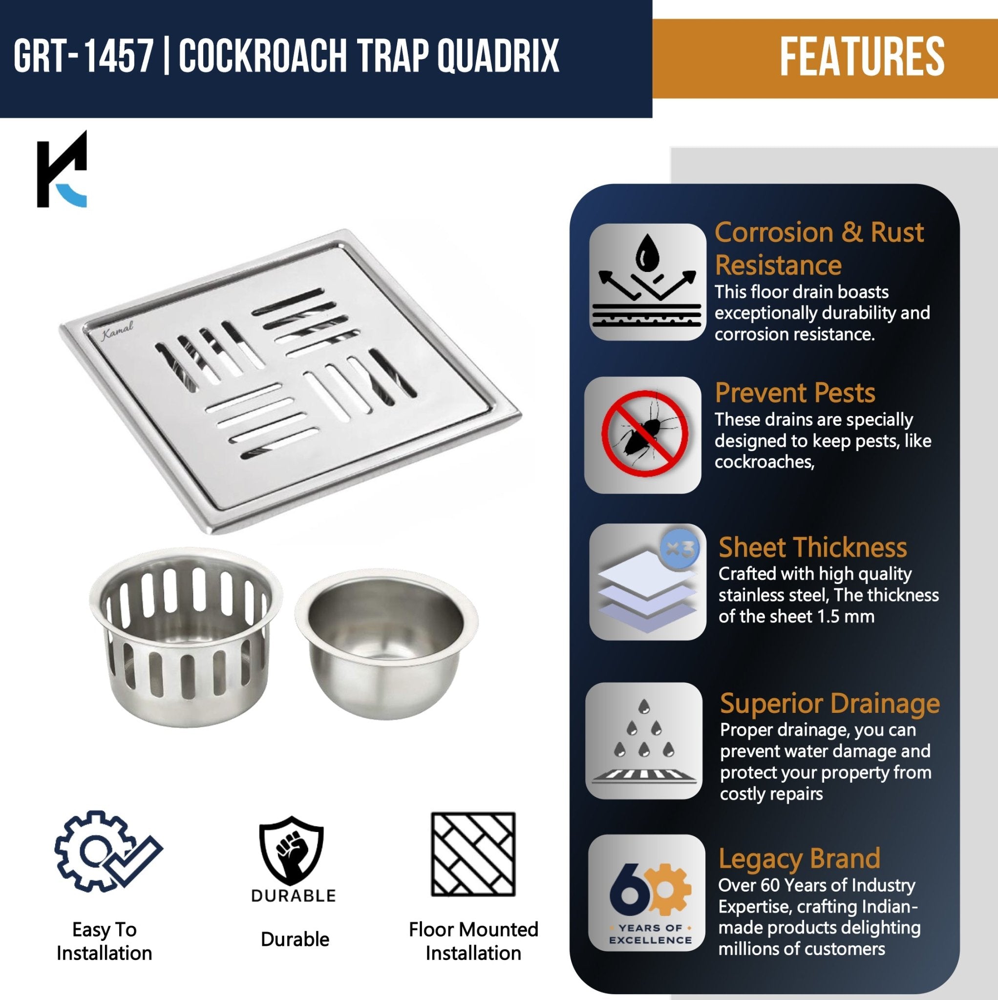 Quadrix Cockroach Trap Jali Drain Strainer - by Kamal - Quadrix - Kamal Bathware