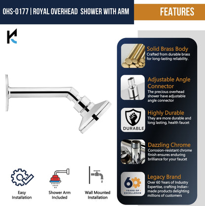 Royal Brass Overhead Shower With Arm - by Kamal - Royal - Kamal Bathware
