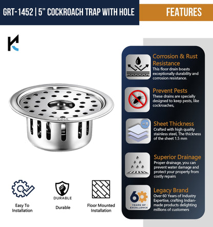 Stainless Steel Cockroach Trap with 5 Inch Hole - by Kamal - Drainer - Kamal Bathware