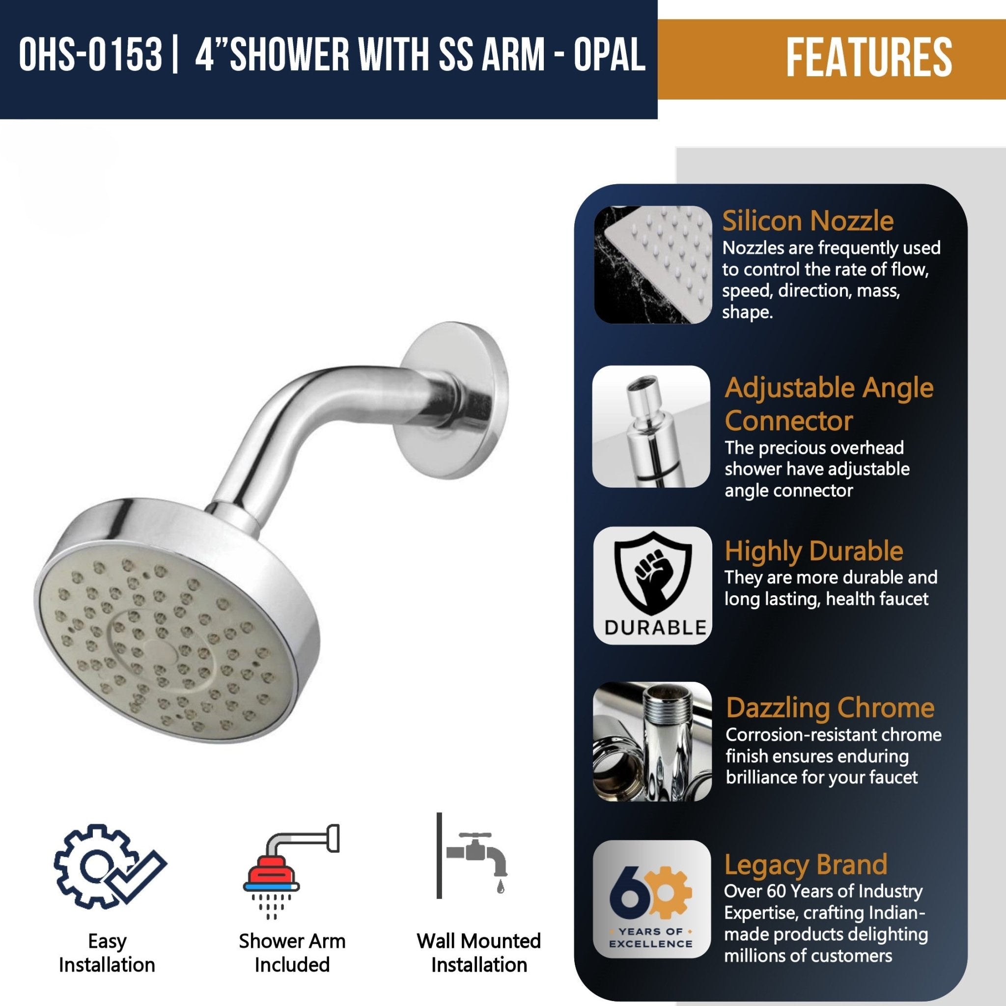 Stylish Round Shower 4 Inch with Arm - by Kamal - Stylish - Kamal Bathware