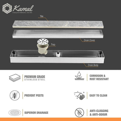 Tile Insert Channel Drainer (SS 304 Grade) - Side Hole Shower Water Drain Channel - by Kamal - Drainer - Kamal Bathware