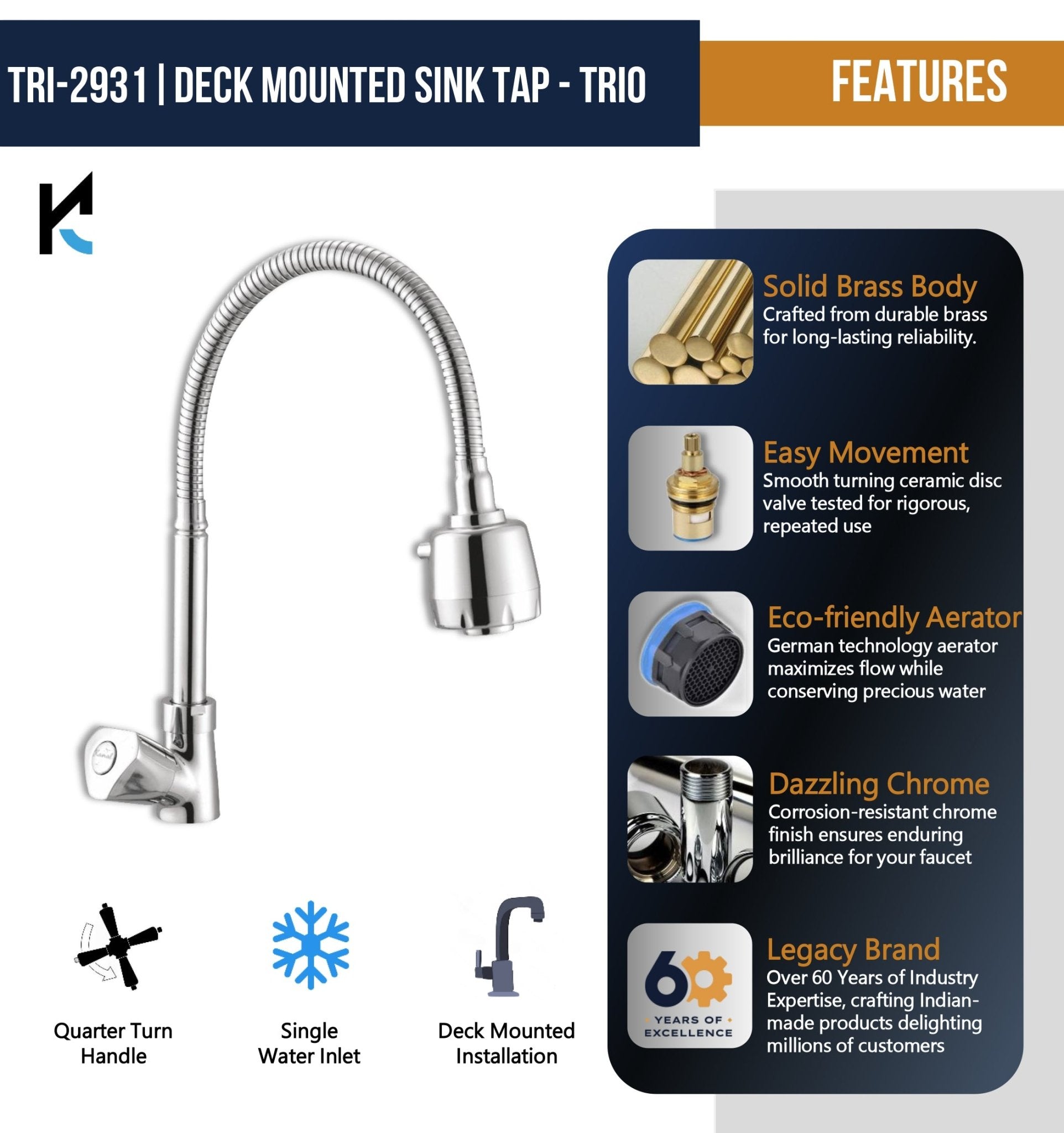 Trio Dual Flow Table Mounted 360° Sink Tap - by Kamal - Trio - Kamal Bathware