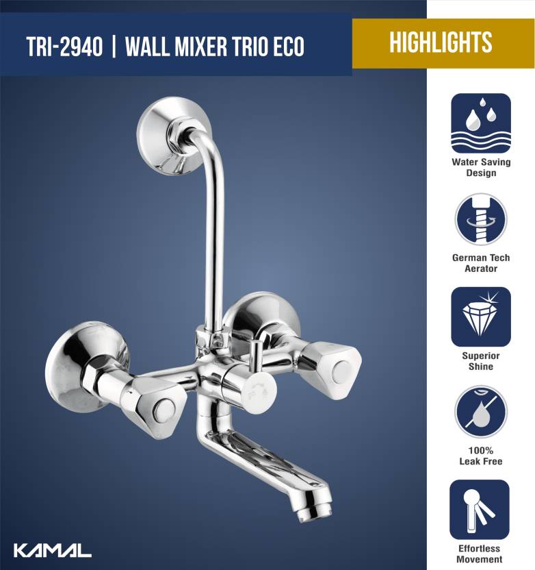 Trio Eco Wall Mixer with L bend Pipe (Full Brass) - by Kamal - Trio Eco - Kamal Bathware
