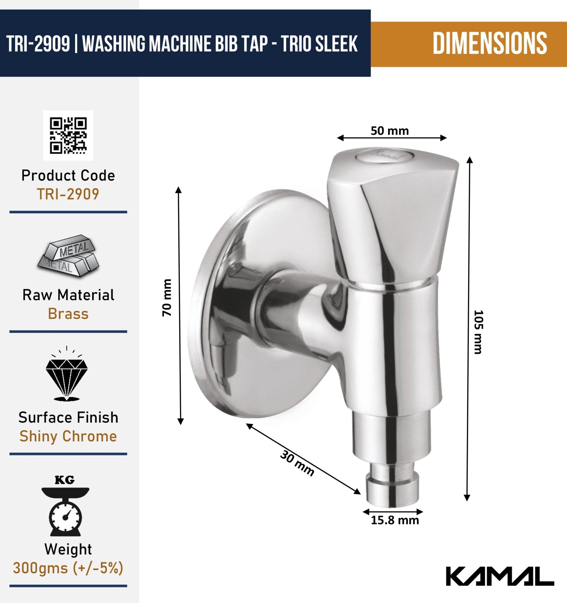 Trio Sleek Washing Machine Bib Tap (Full Brass) - by Kamal - Trio - Kamal Bathware