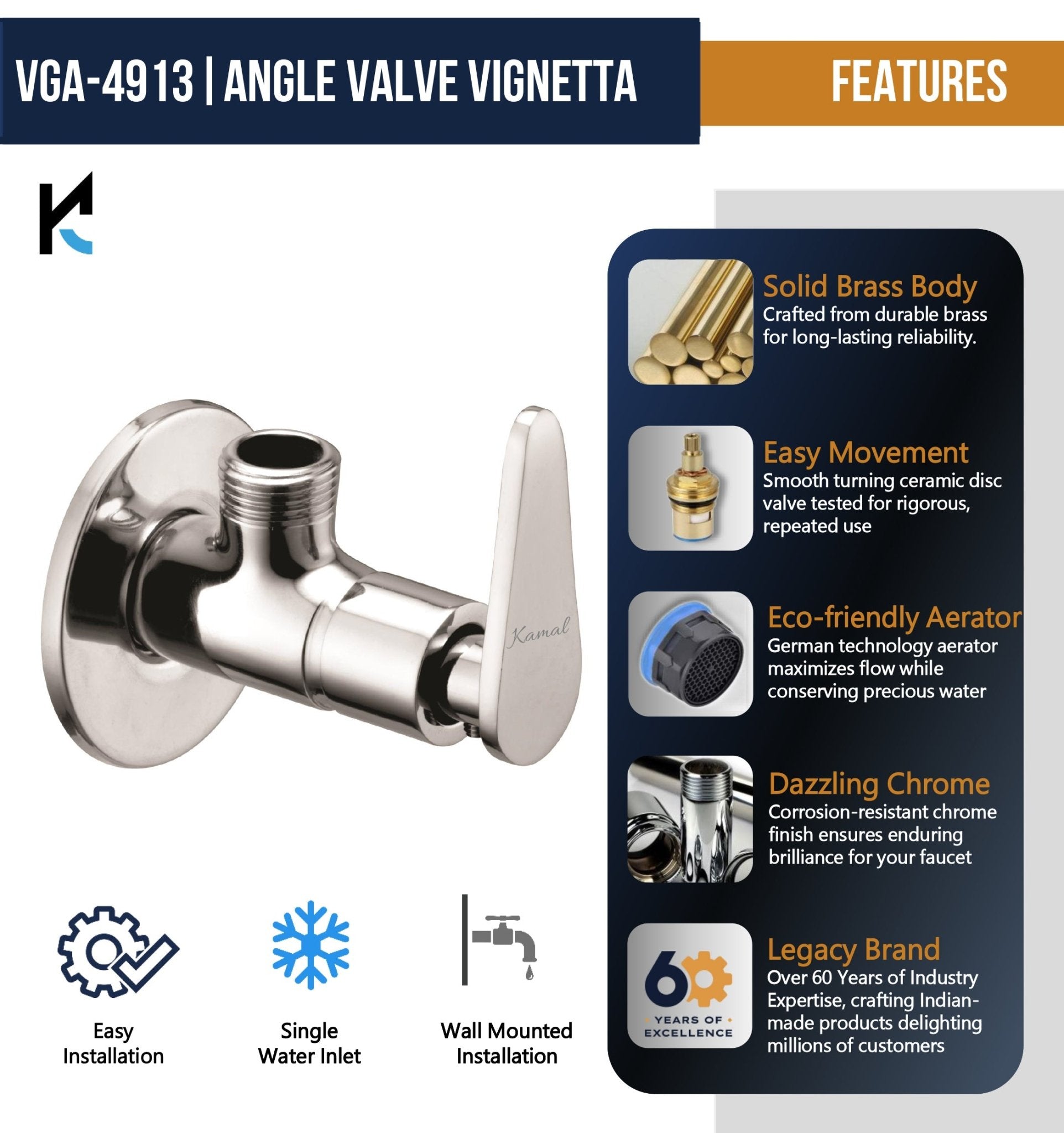 Vega Angle Valve Brass Faucet (Full Brass) - by Kamal - Vega - Kamal Bathware