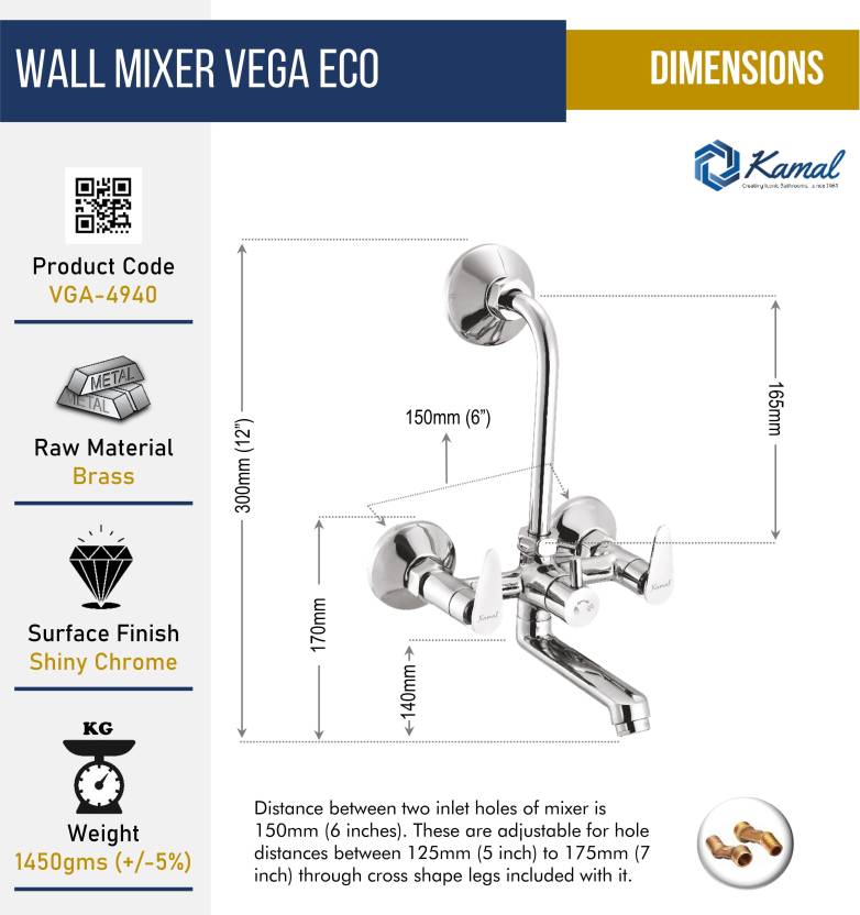 Vega Eco Wall Mixer with L bend Pipe (Full Brass) - by Kamal - Vega Eco - Kamal Bathware