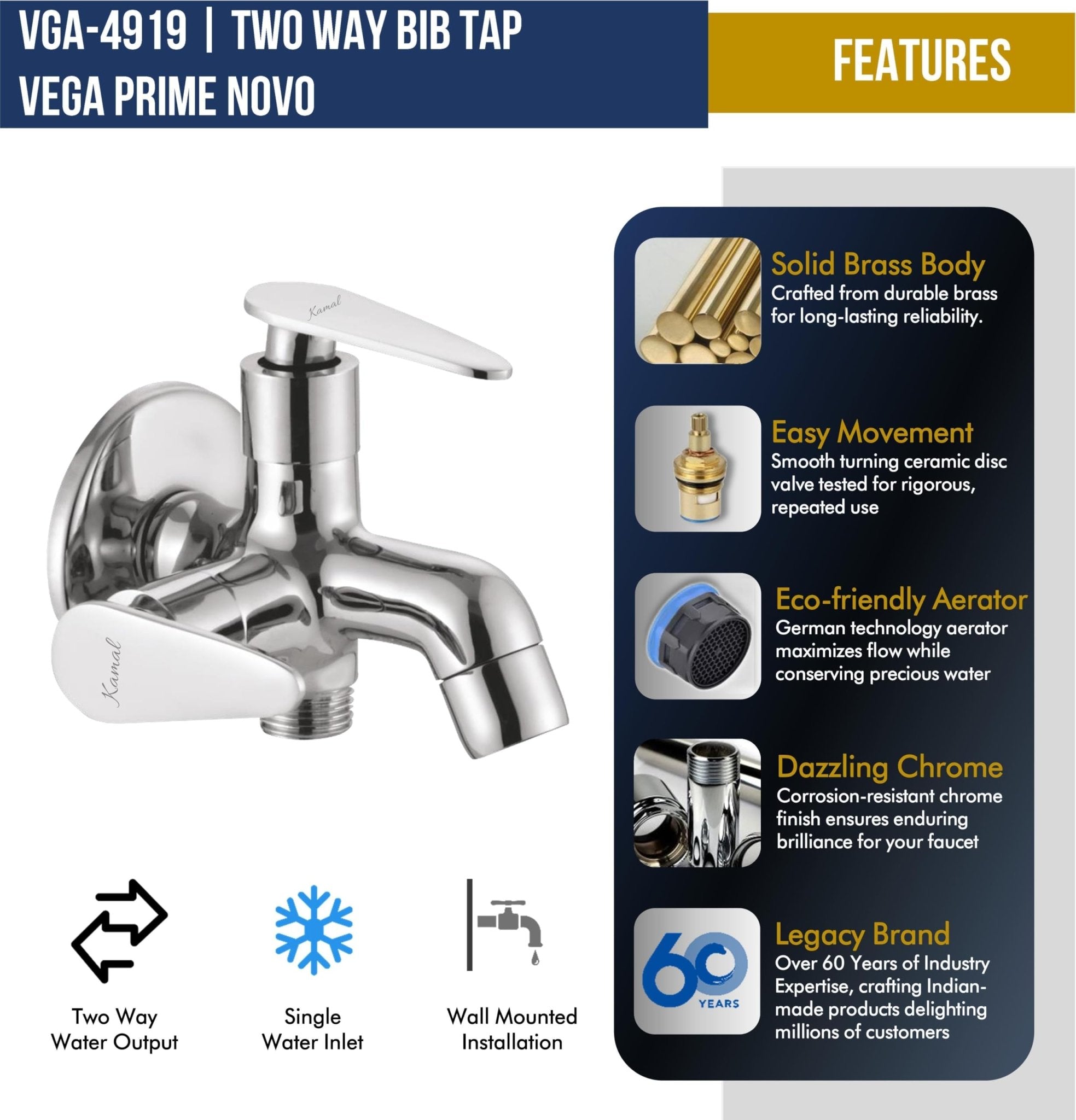 Vega Prime Novo Two Way Bib Tap (Full Brass) - by Kamal - Vega Prime Novo - Kamal Bathware
