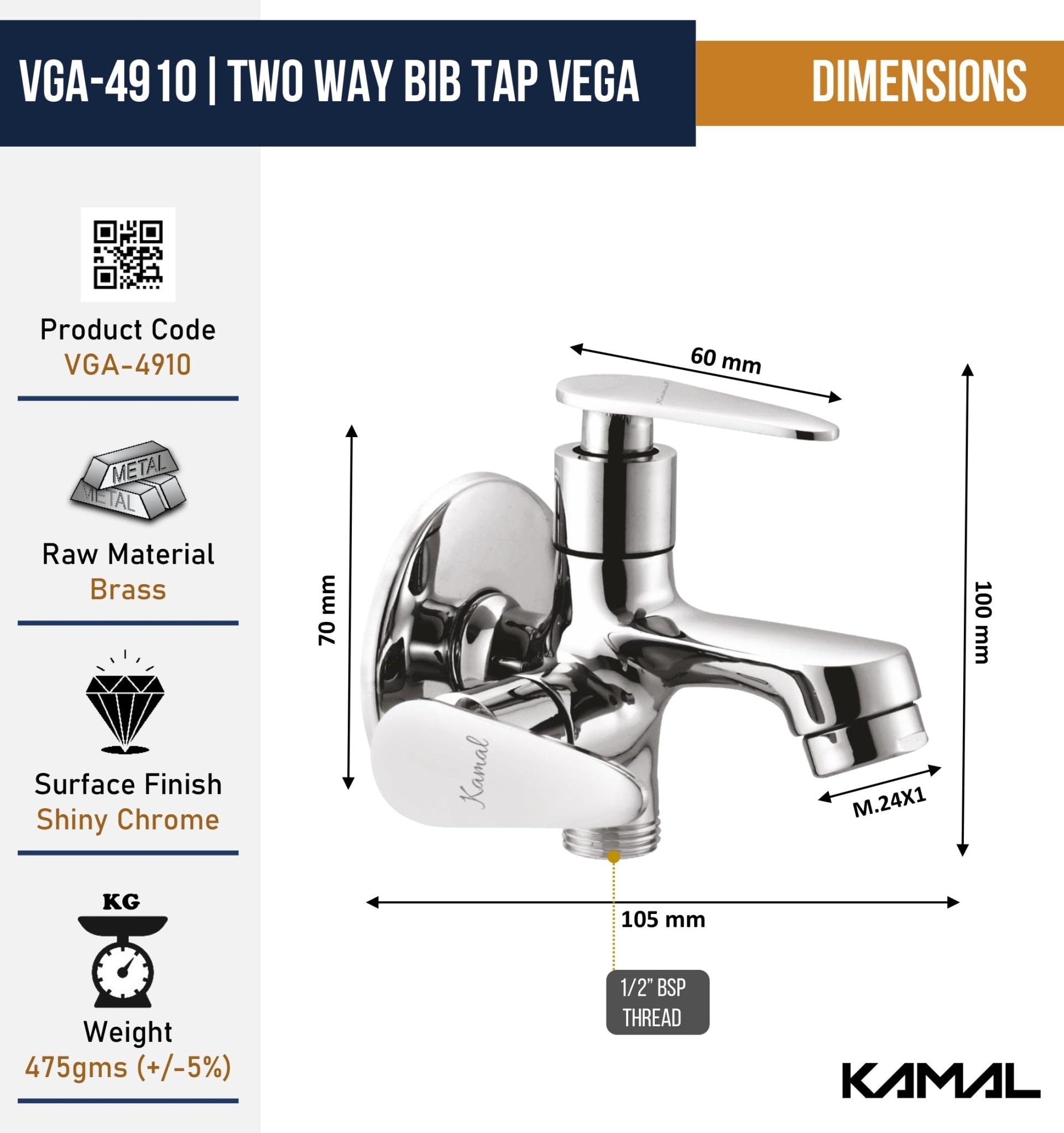 Vega Two Way Bib Tap (Full Brass) - by Kamal - Vega - Kamal Bathware