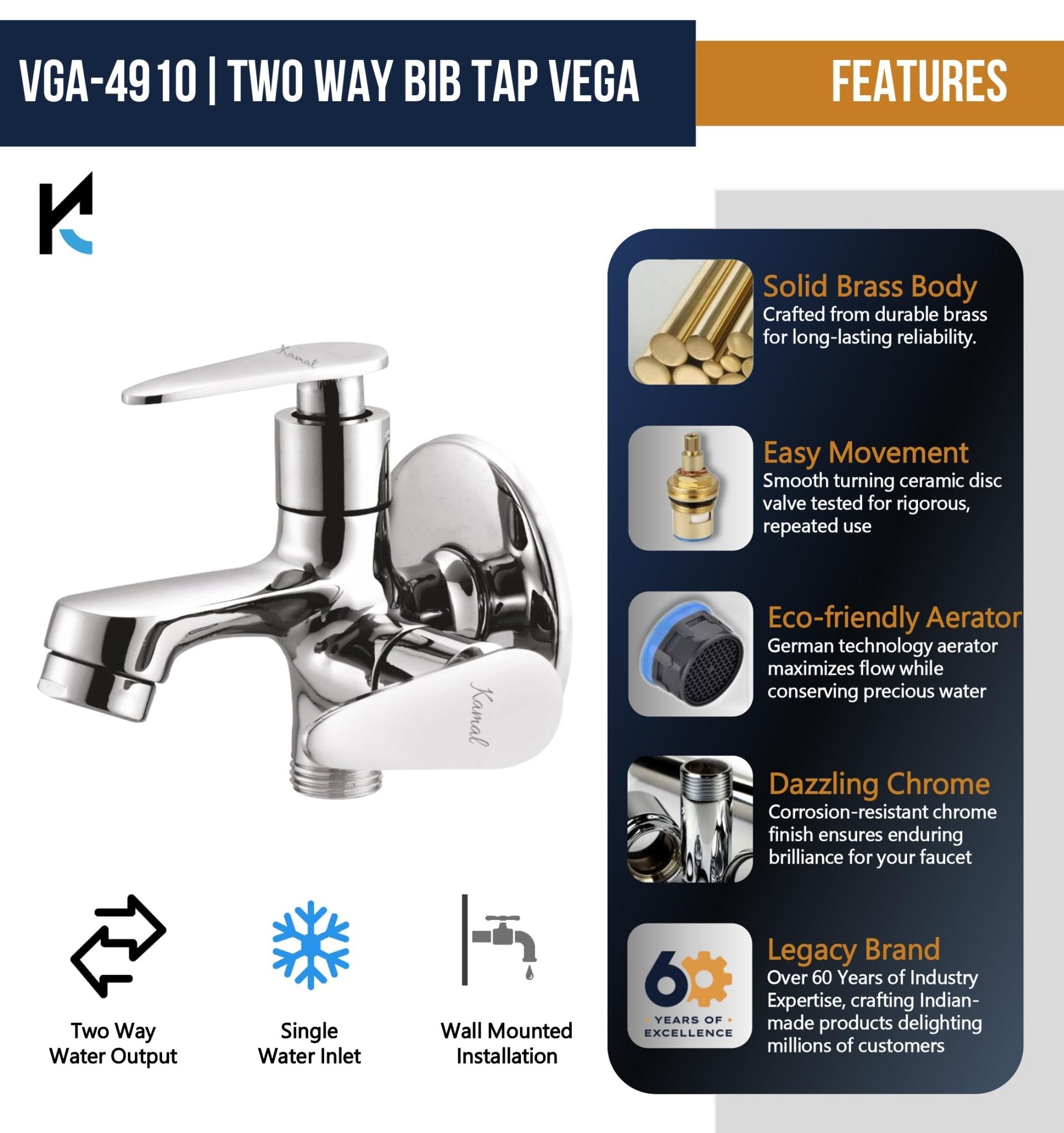 Vega Two Way Bib Tap (Full Brass) - by Kamal - Vega - Kamal Bathware