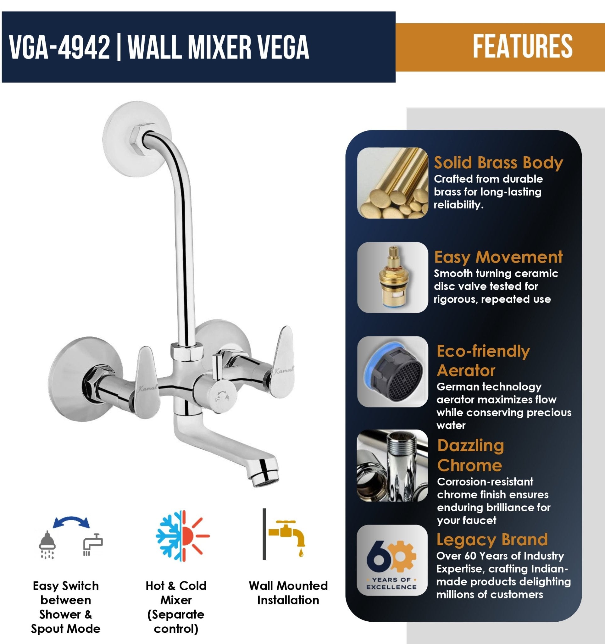 Vega Wall Mixer with L Bend Pipe (Full Brass) - by Kamal - Kamal Bathware