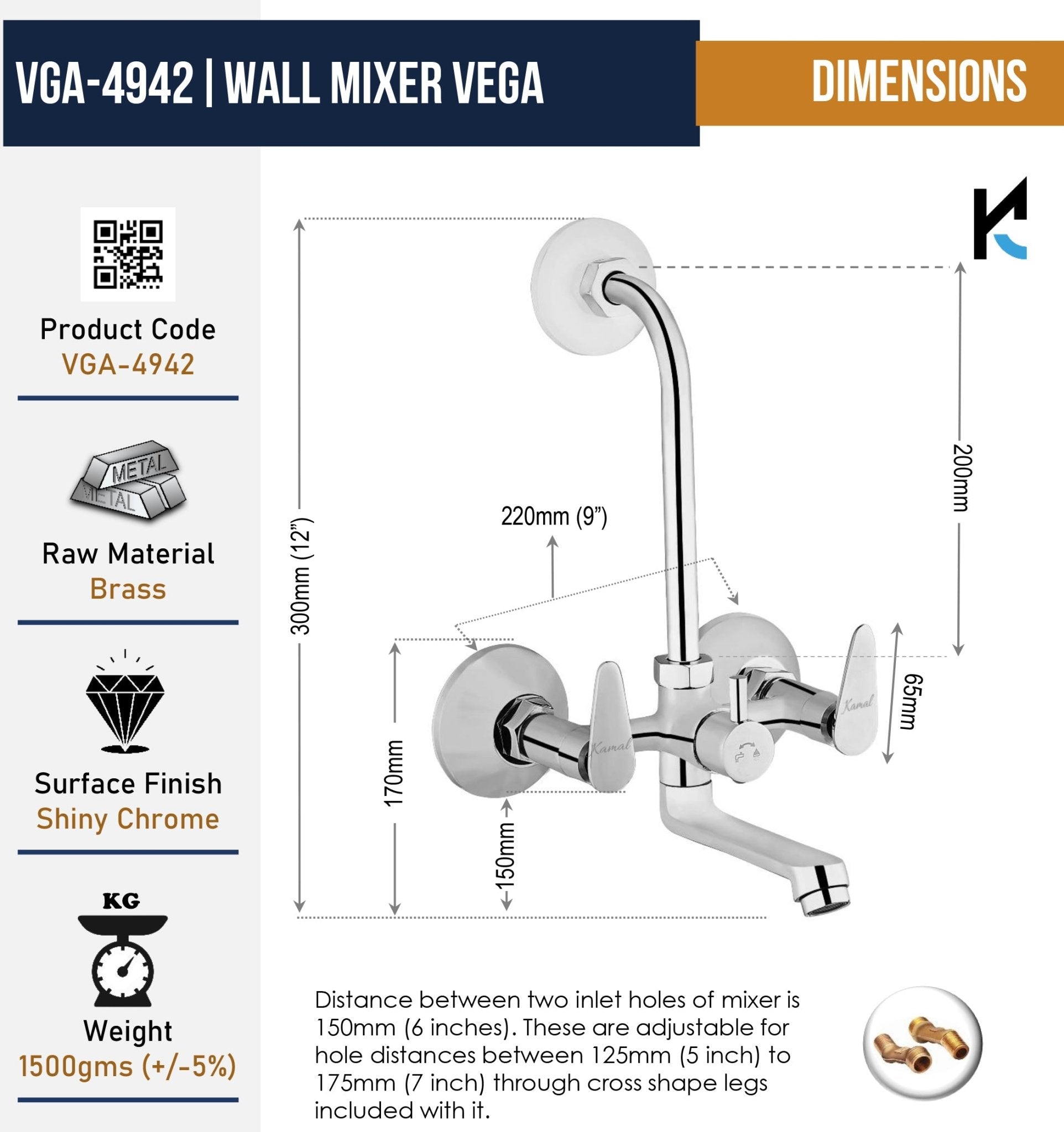 Vega Wall Mixer with L Bend Pipe (Full Brass) - by Kamal - Kamal Bathware