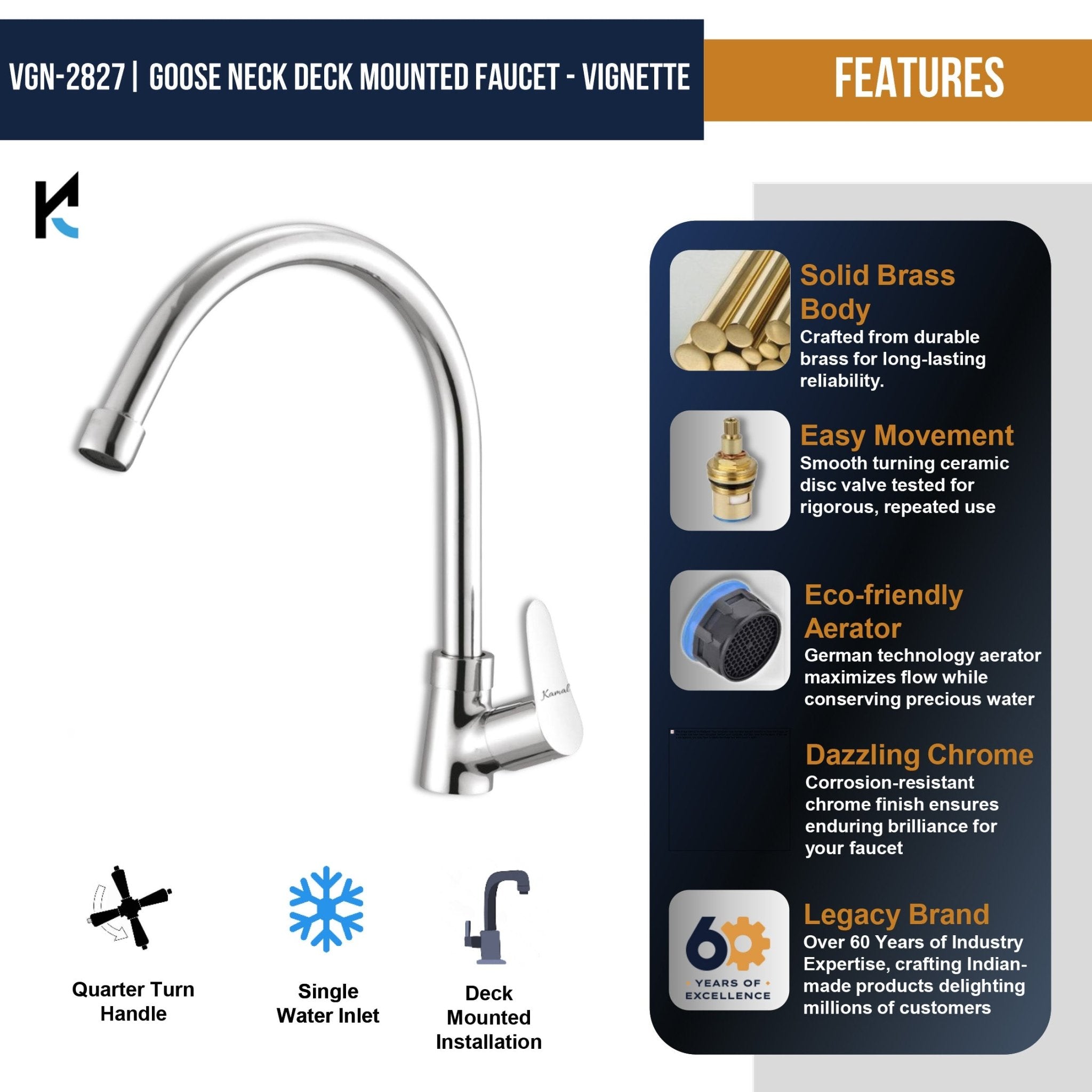 Vignette C - Bend Spout Gosseneck Sink Faucet (Full Brass) - by Kamal - Vignette - Kamal Bathware