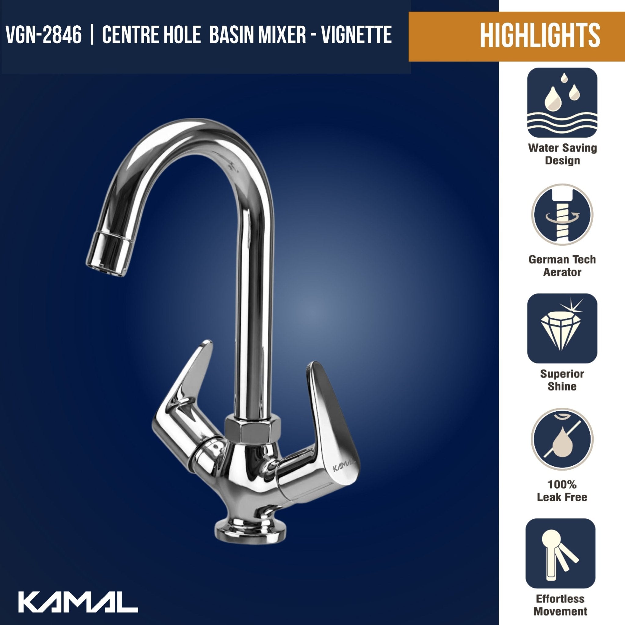 Vignette Centre Hole Basin Mixer (Full Brass) - by Kamal - Vignette - Kamal Bathware