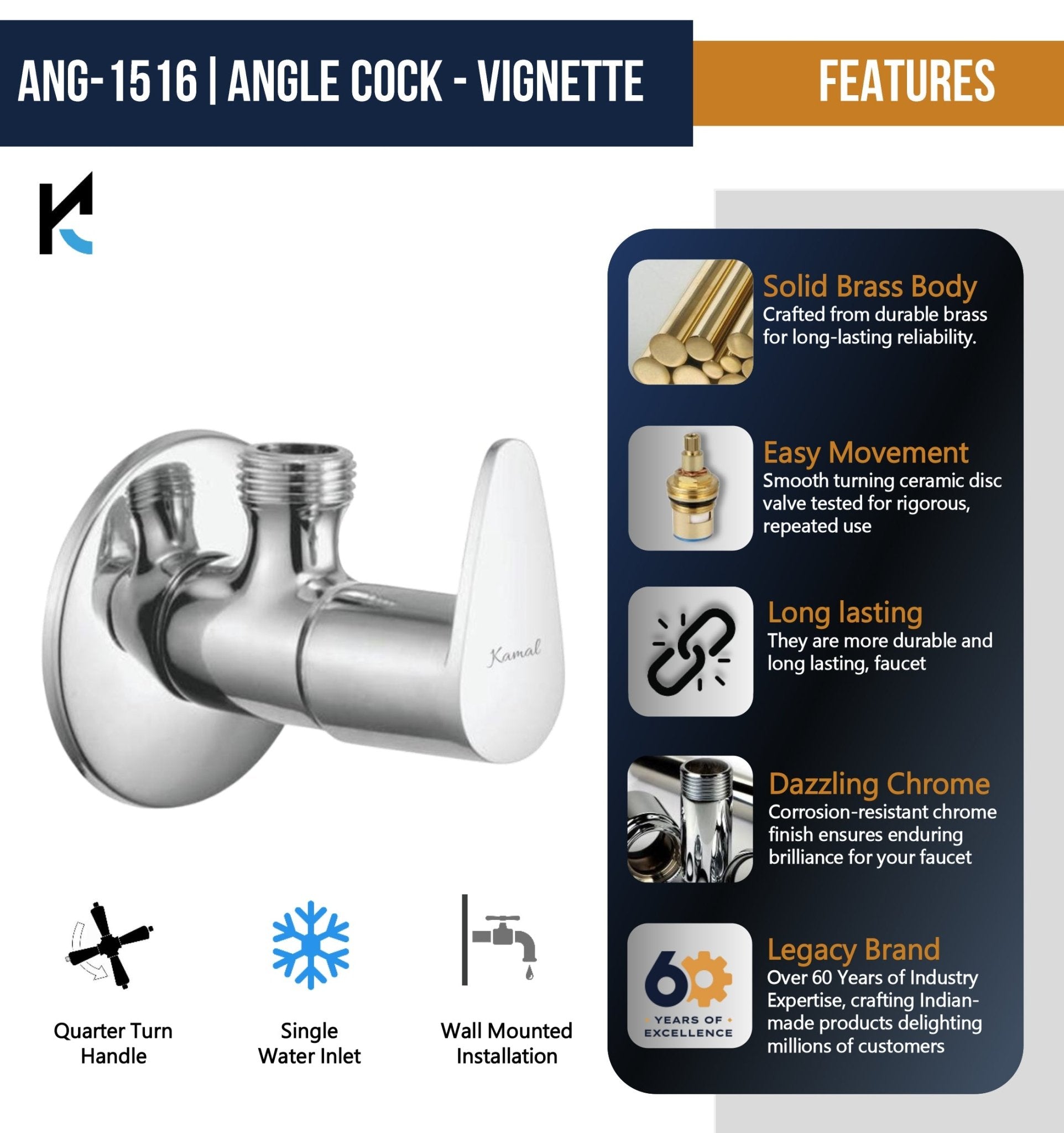 Vignette Full Brass Angle Cock Tap (Full Brass) - by Kamal - Kamal Bathware