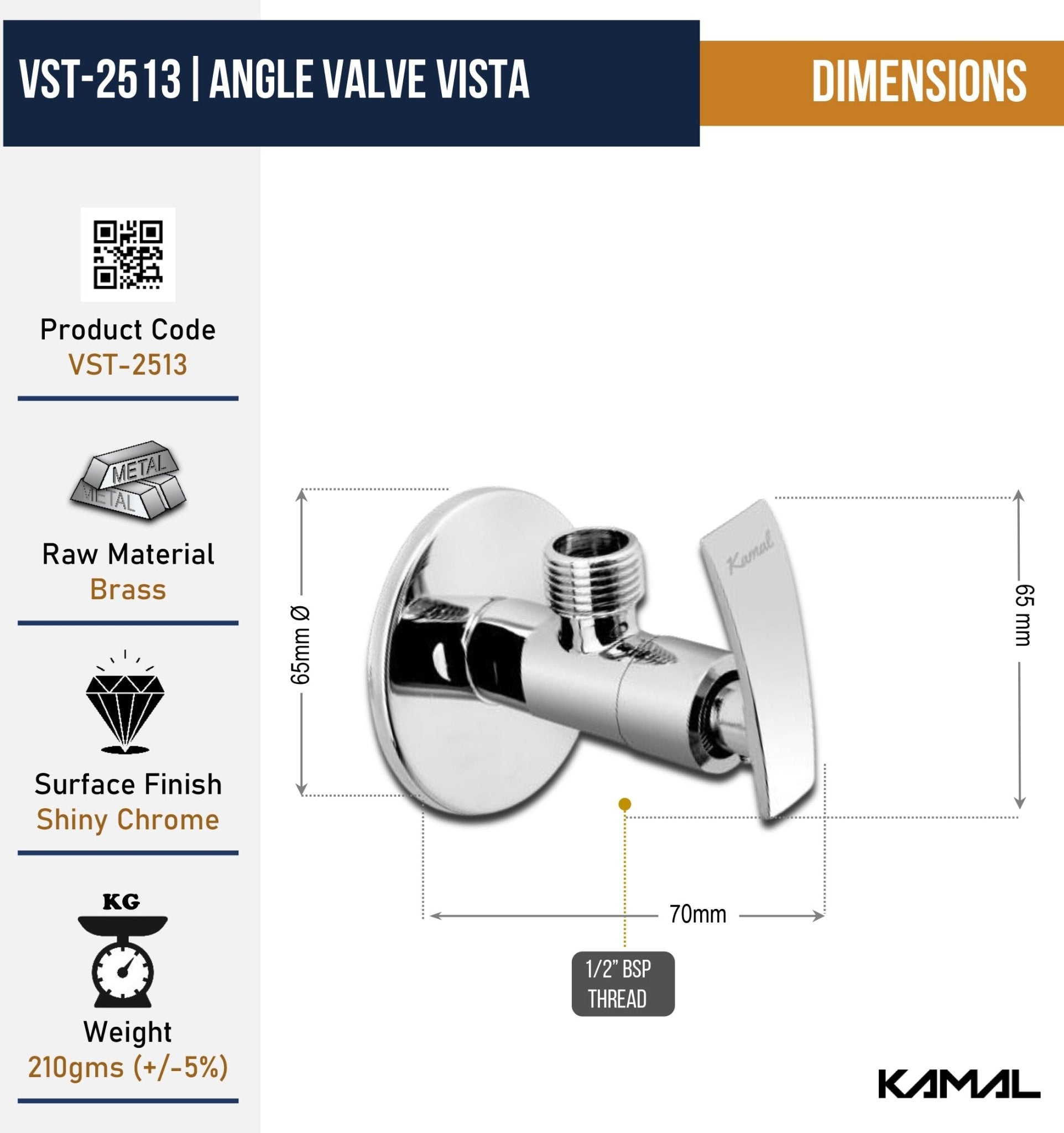 Vista Angle Valve with Wall Flange (Full Brass) - by Kamal - Kamal Bathware