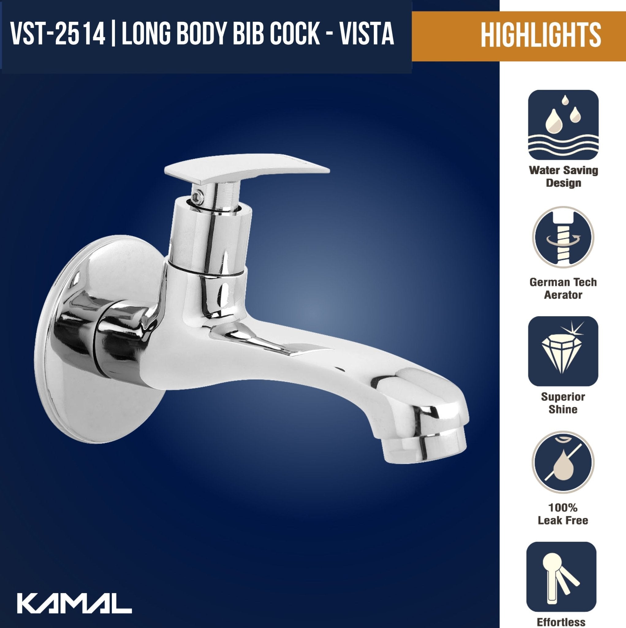 Vista | Bathroom Long Body Bib Tap (Full Brass) - by Kamal - Vista - Kamal Bathware
