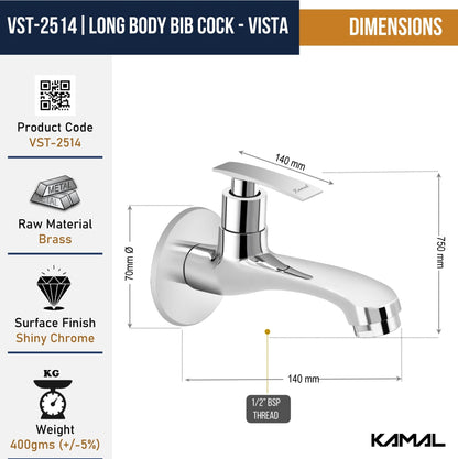 Vista | Bathroom Long Body Bib Tap (Full Brass) - by Kamal - Vista - Kamal Bathware