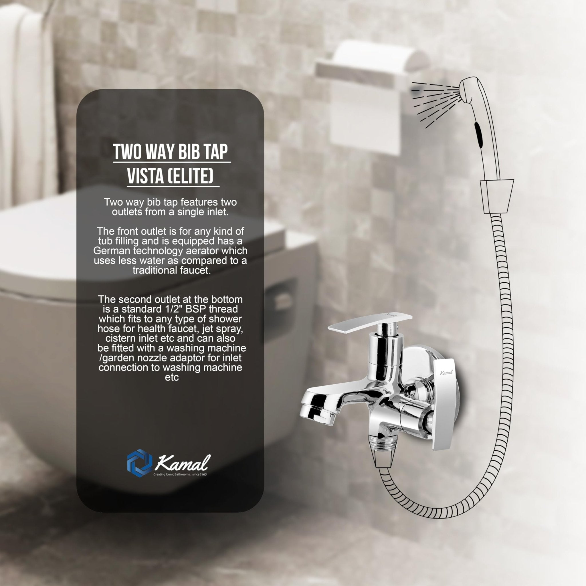 Vista Eco Two Way Bib Tap (Full Brass) - by Kamal - Kamal Bathware