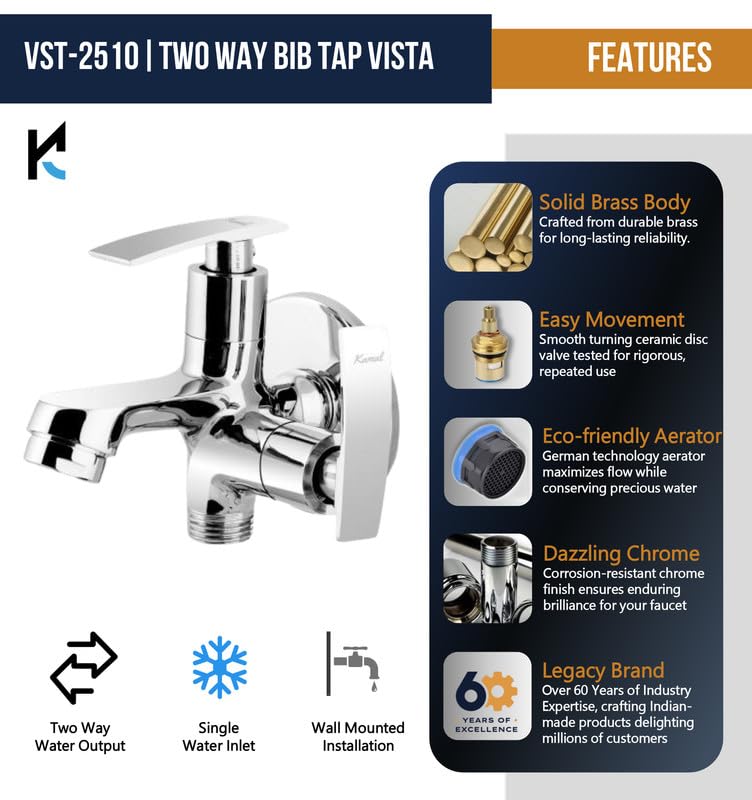 Vista Eco Two Way Bib Tap (Full Brass) - by Kamal - Kamal Bathware
