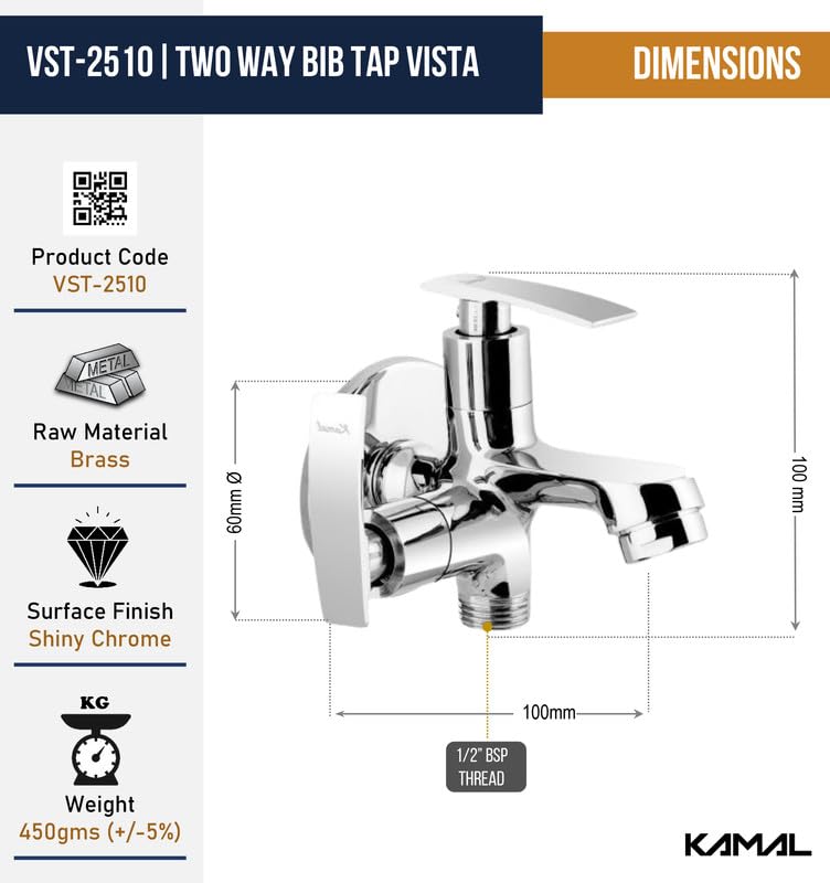 Vista Eco Two Way Bib Tap (Full Brass) - by Kamal - Kamal Bathware