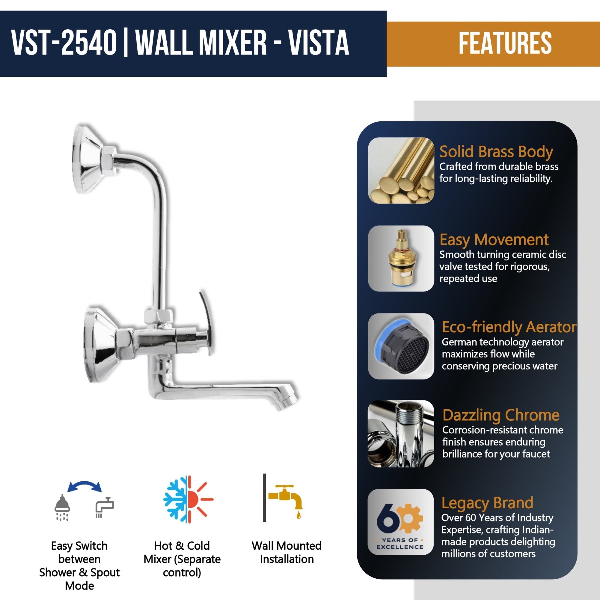 Vista Eco Wall Mixer with L bend Pipe (Full Brass) - by Kamal - Vista Eco - Kamal Bathware