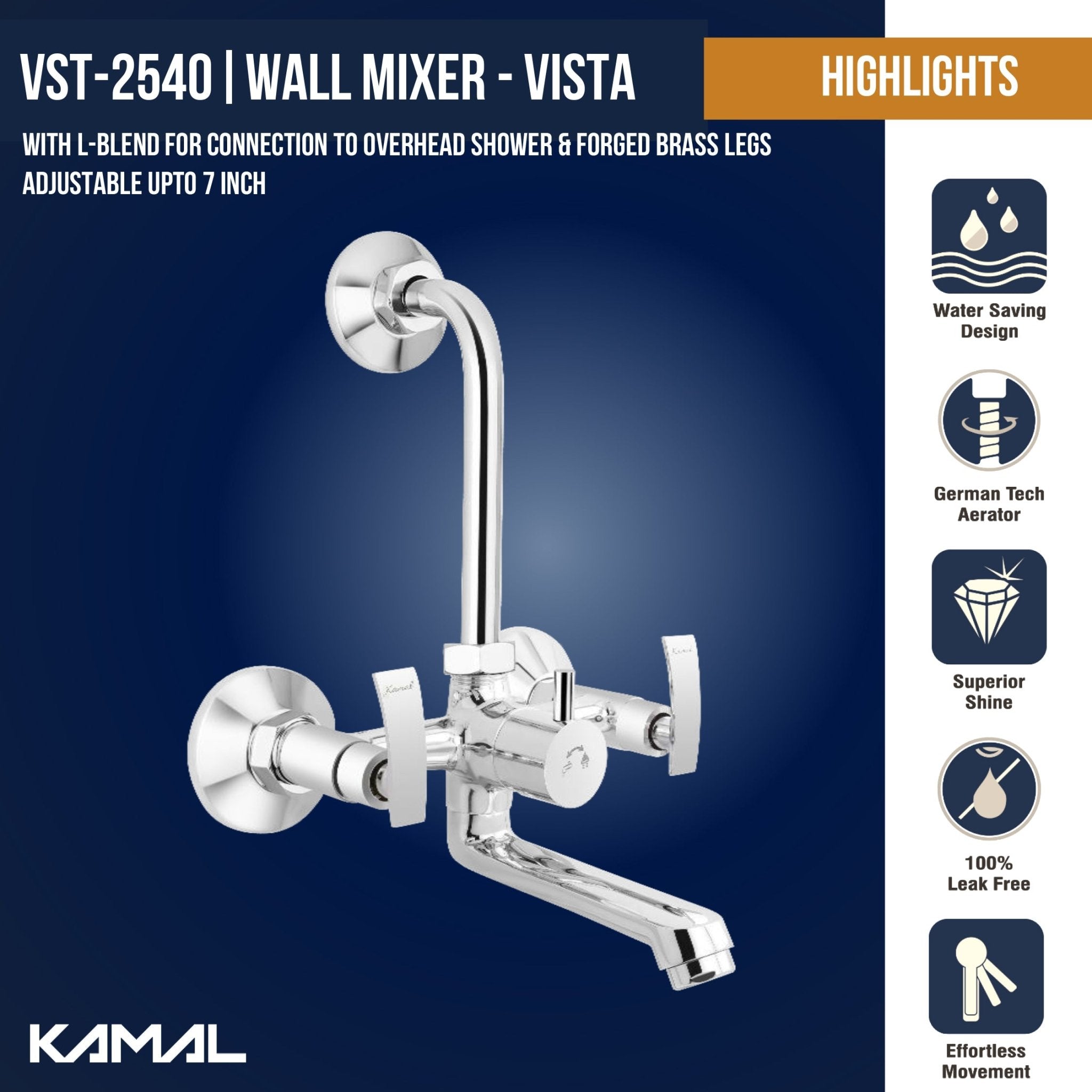 Vista Eco Wall Mixer with L bend Pipe (Full Brass) - by Kamal - Vista Eco - Kamal Bathware