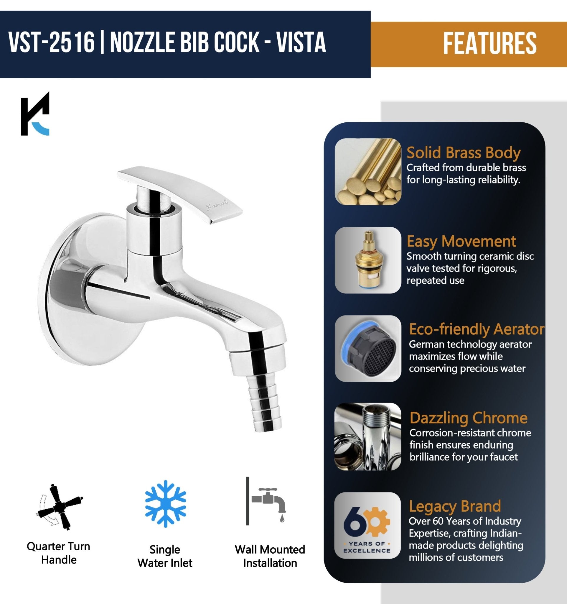 Vista Nozzle Bib Tap with Wall Flange (Full Brass) - by Kamal - Vista - Kamal Bathware