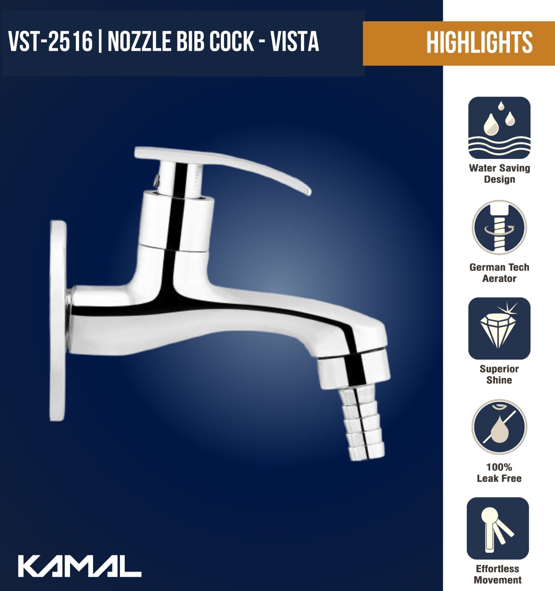 Vista Nozzle Bib Tap with Wall Flange (Full Brass) - by Kamal - Vista - Kamal Bathware