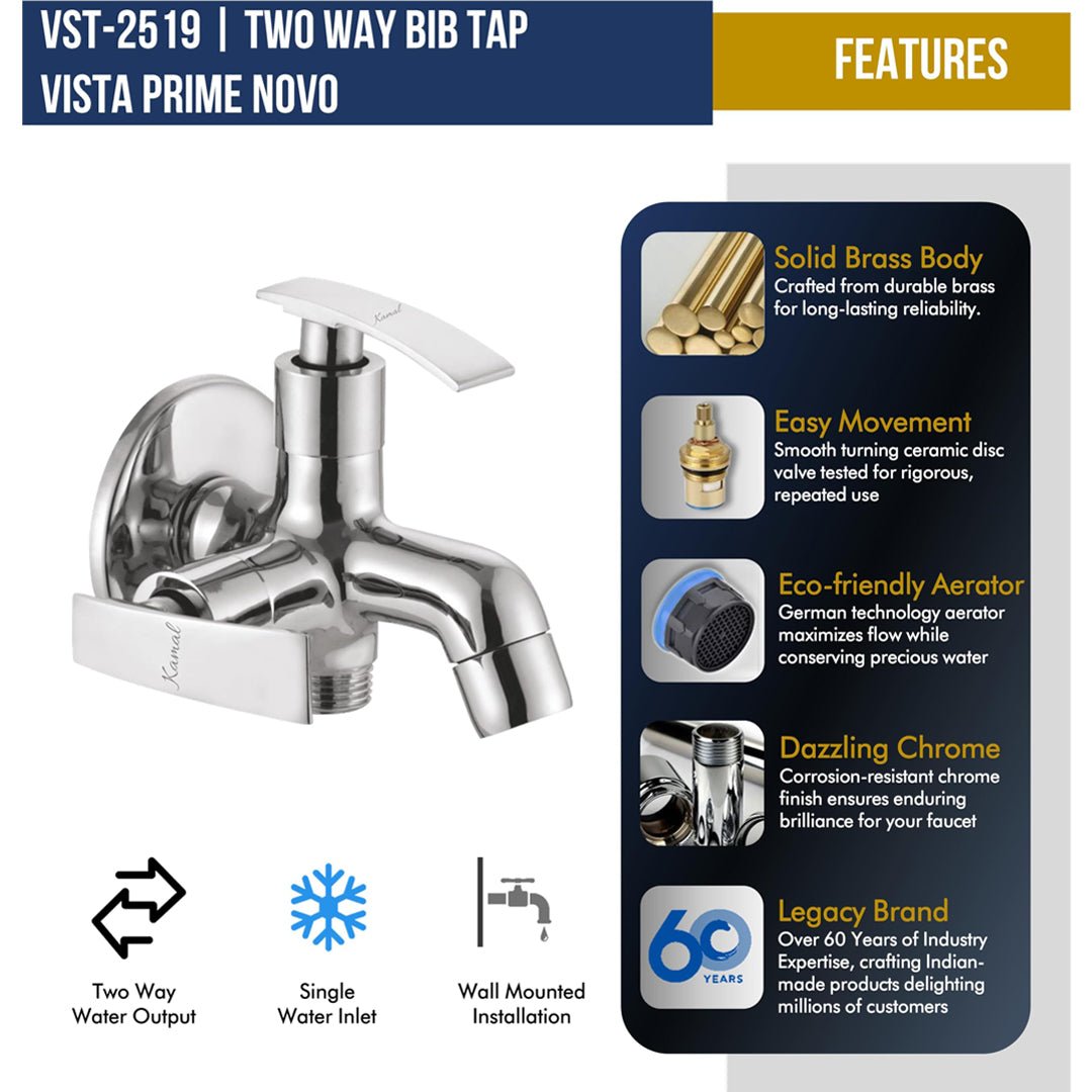 Vista Prime Novo Two Way Bib Tap (Full Brass) - by Kamal - Vista Prime Novo - Kamal Bathware