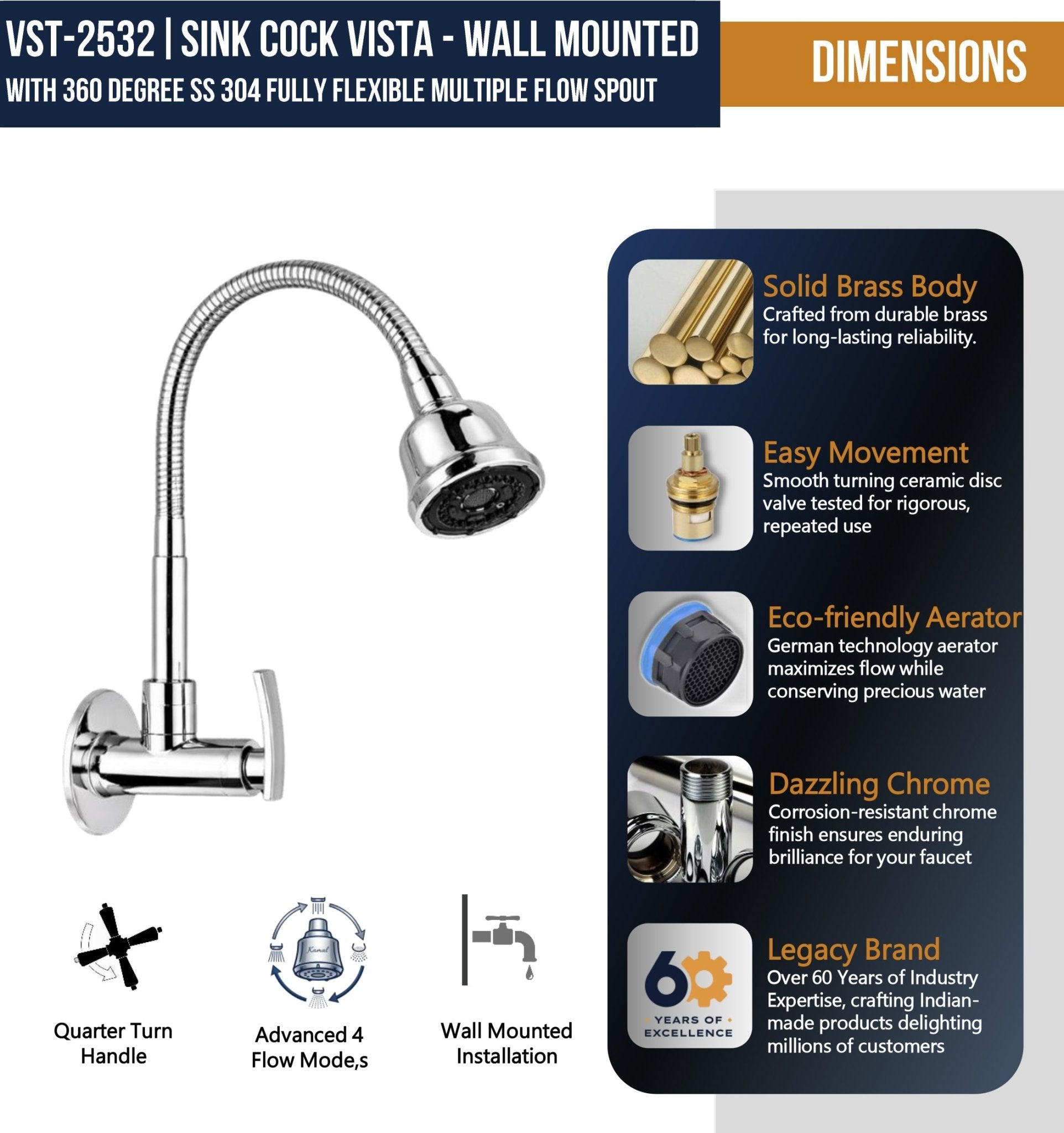 Vista Sink Spray Tap (Brass & SS Steel) - by Kamal - Vista - Kamal Bathware