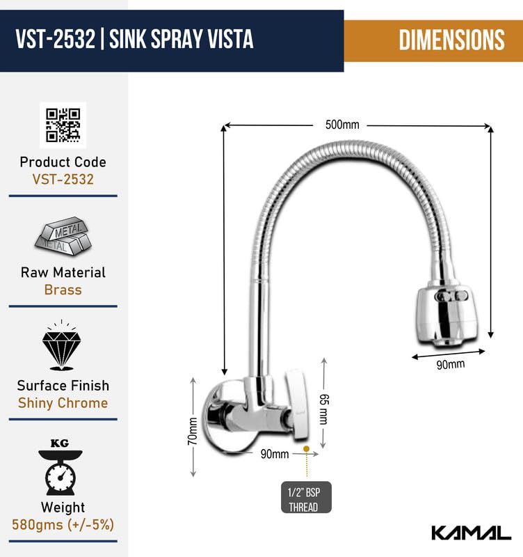 Vista Sink Spray Tap (Brass & SS Steel) - by Kamal - Kamal Bathware