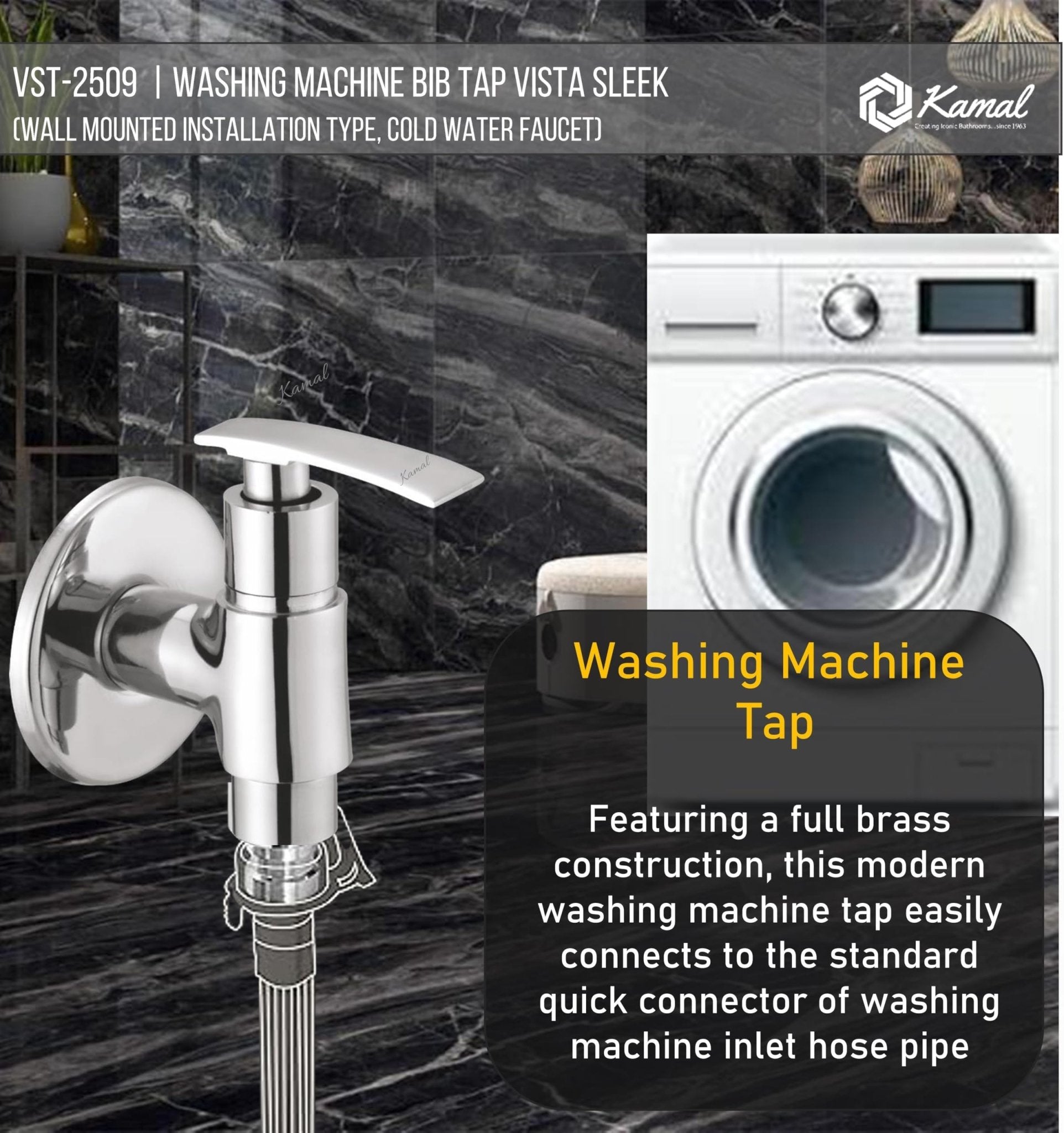 Vista Sleek Washing Machine Bib Tap (Full Brass) - by Kamal - Vista - Kamal Bathware