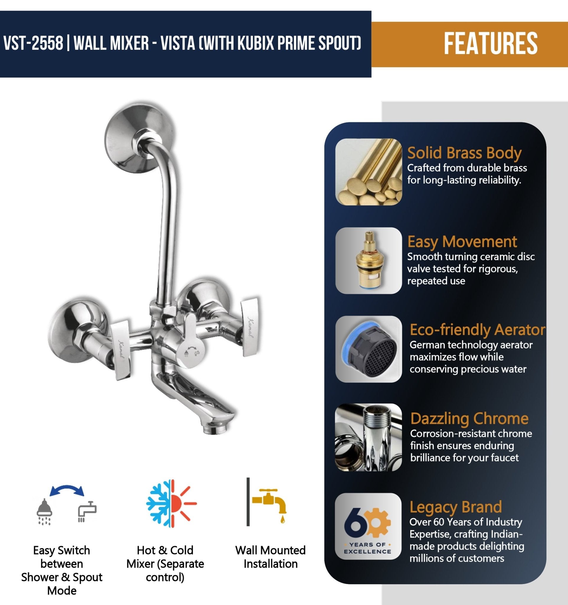 Vista Wall Mixer Kubix Prime Spout with L Bend Pipe (Full Brass) - by Kamal - Vista - Kamal Bathware