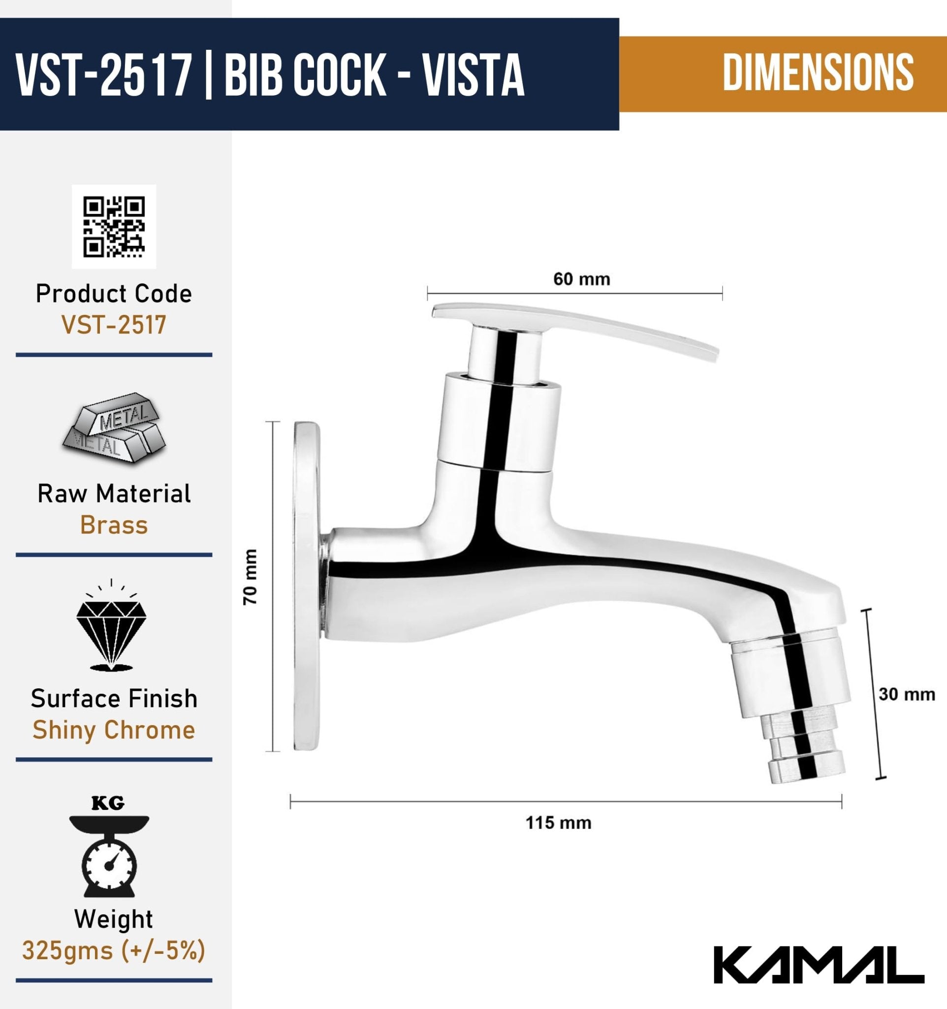 Vista Washing Machine Bib Tap (Full Brass) - by Kamal - Vista - Kamal Bathware