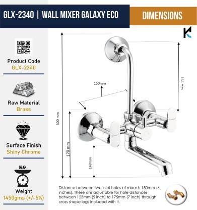 Galaxy Wall Mixer with L Bend Pipe (Full Brass) - by Kamal