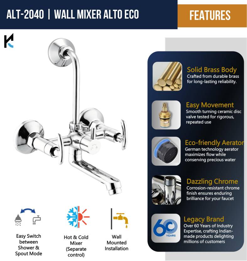 Alto Wall Mixer with L Bend Pipe (Full Brass) - by Kamal