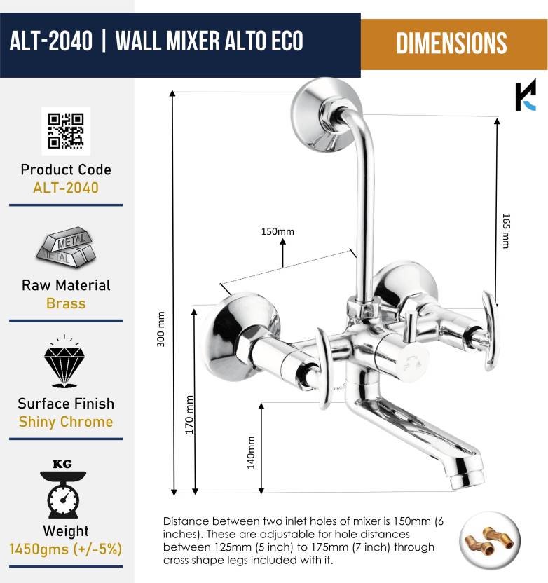 Alto Wall Mixer with L Bend Pipe (Full Brass) - by Kamal