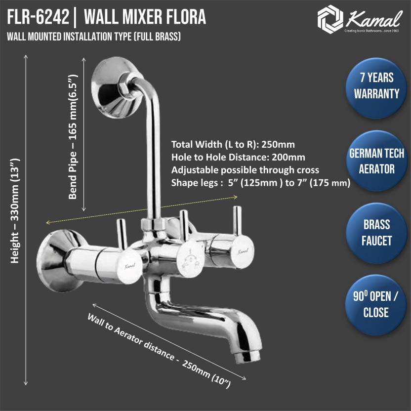 Flora Brass Wall Mixer with L Bend Pipe (Full Brass) - by Kamal