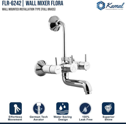 Flora Brass Wall Mixer with L Bend Pipe (Full Brass) - by Kamal