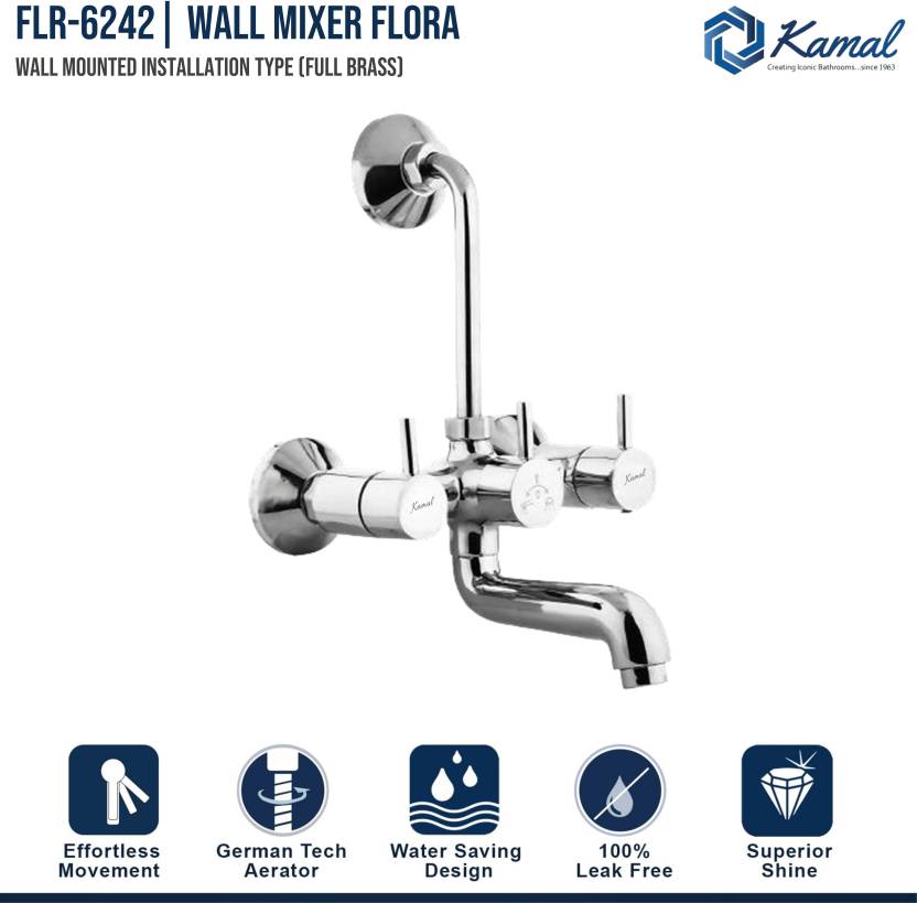 Flora Brass Wall Mixer with L Bend Pipe (Full Brass) - by Kamal
