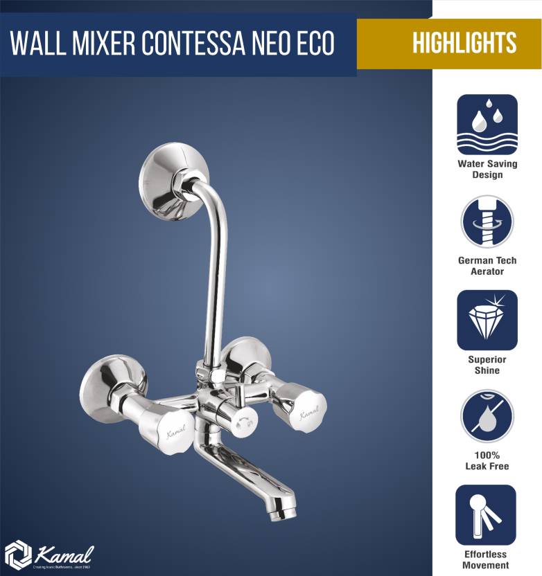 Contessa Neo Wall Mixer with L Bend Pipe (Full Brass) - by Kamal