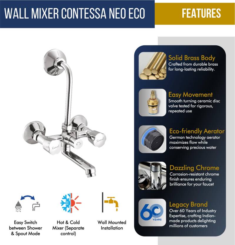 Contessa Neo Wall Mixer with L Bend Pipe (Full Brass) - by Kamal