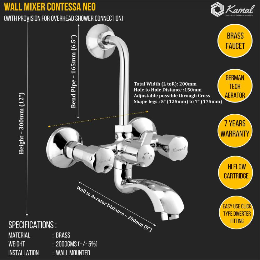 Contessa Neo Wall Mixer with L Bend Pipe (Full Brass) - by Kamal