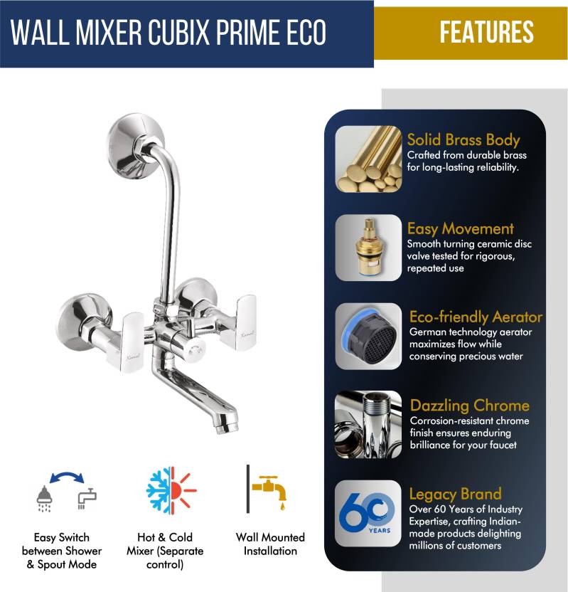 Cubix Prime Wall Mixer (Full Brass) - by Kamal