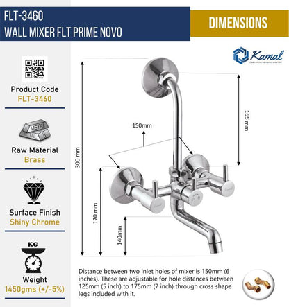 FLT Prime Novo Wall Mixer with L Bend Pipe (Full Brass) - by Kamal