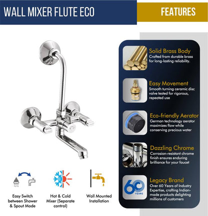 Flute Eco Wall Mixer with L Bend Pipe (Full Brass) - by Kamal
